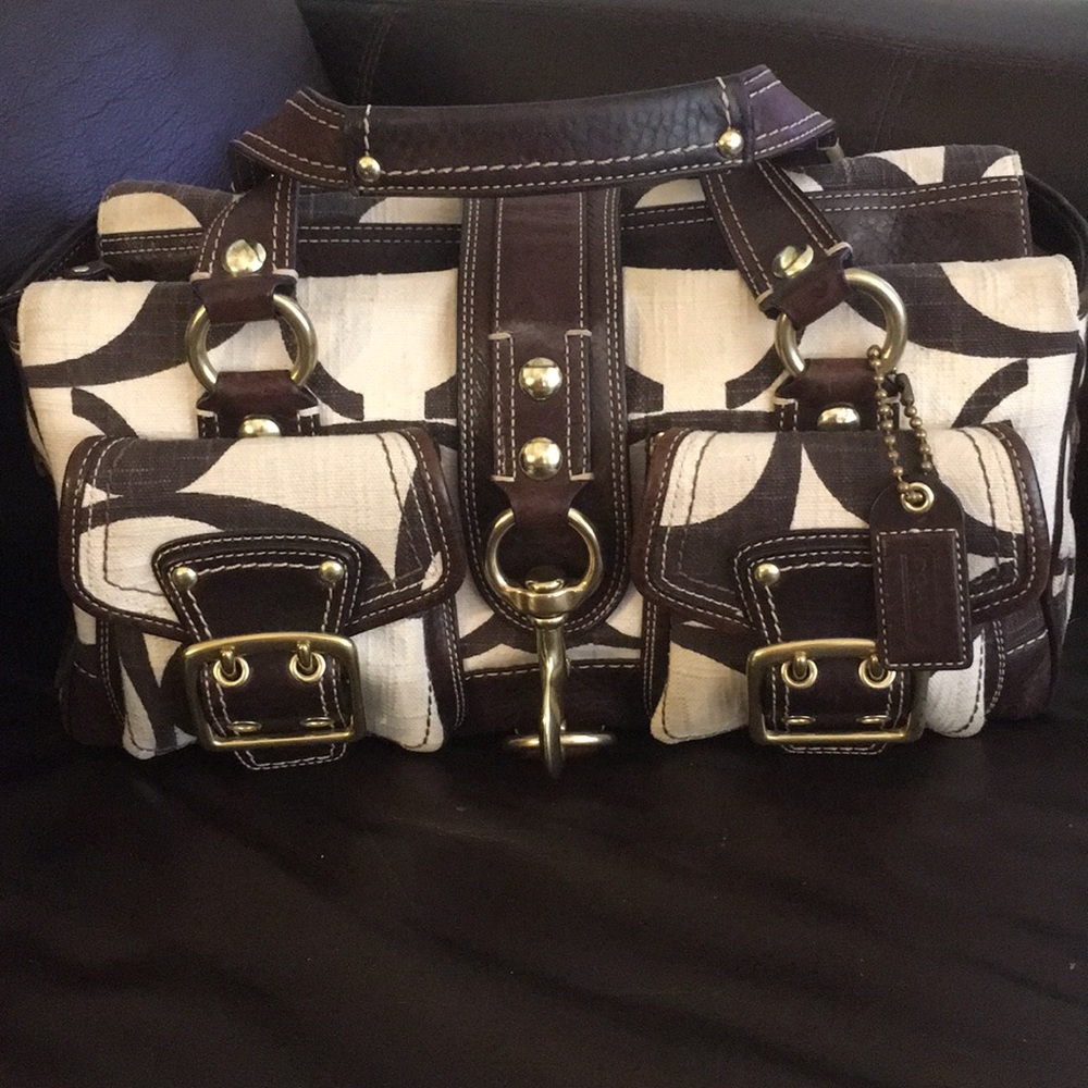 Coach Ivory Canvas Satchel Brown Leather Purse